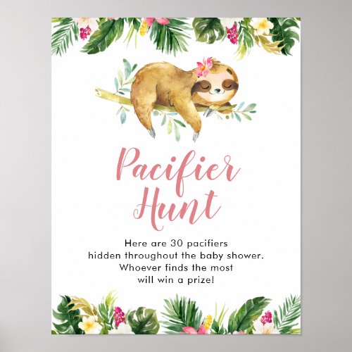 Tropical Girl Sloth Baby Shower Pacifier Hunt Poster
