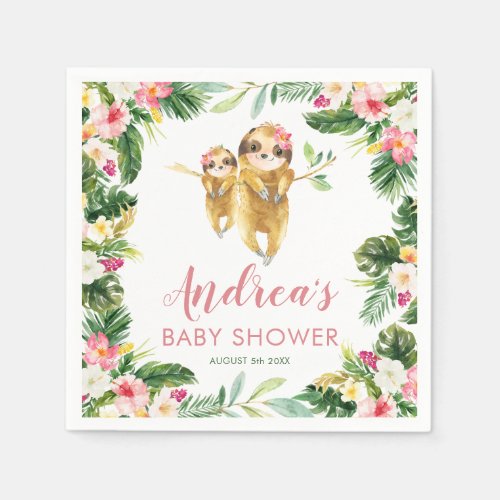 Tropical Girl Sloth Baby Shower Paper Napkin
