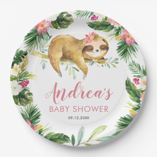 Tropical Girl Sloth Baby Shower Paper Plate