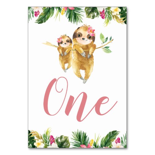 Tropical Girl Sloth Baby Shower Table Number