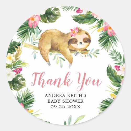 Tropical Girl Sloth Baby Shower Thank You Sticker