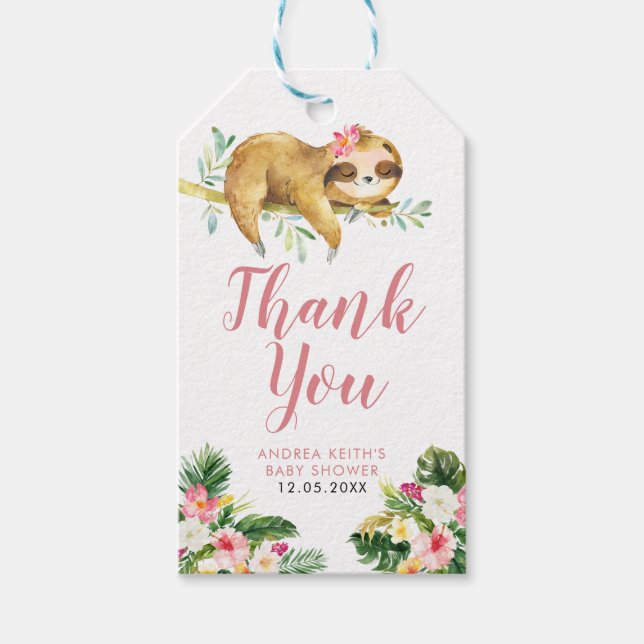 Tropical Girl Sloth Baby Shower Thank You Tag (Front)