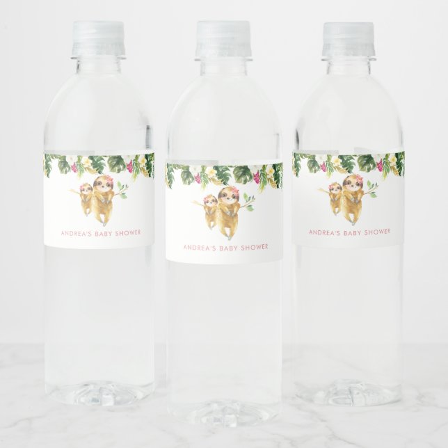Tropical Girl Sloth Baby Shower Water Bottle Label (Bottles)