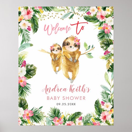 Tropical Girl Sloth Baby Shower Welcome Sign