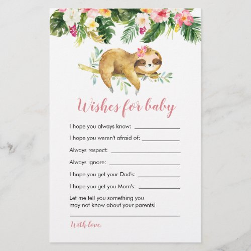 Tropical Girl Sloth Baby Shower Wishes for baby