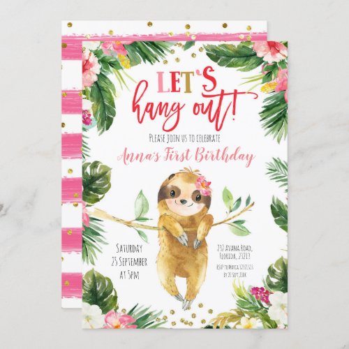Tropical Girl Sloth Birthday Invitation