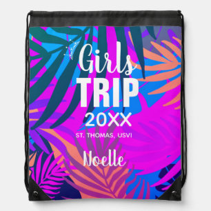 Tropical Girls Trip with Crown, Year, and Name Drawstring Bag