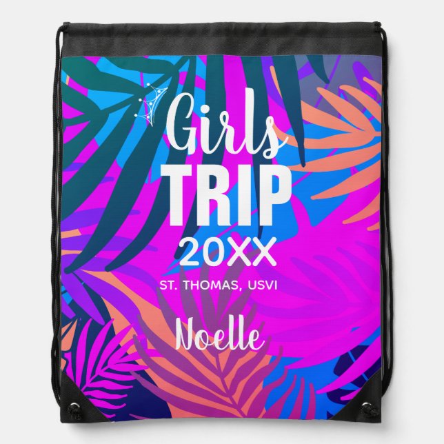 Tropical Girls Trip with Crown, Year, and Name Drawstring Bag (Front)
