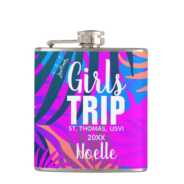 Tropical Girls Trip with Crown, Year, and Name Flask (Front)