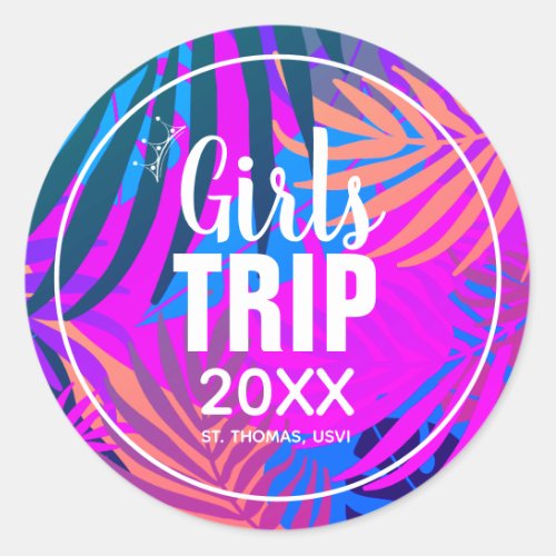 Tropical Girls Trip with Crown Year  Name Classic Round Sticker