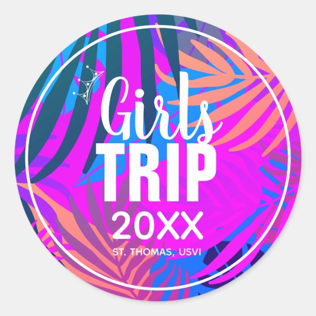 Tropical Girls Trip with Crown, Year, & Name Classic Round Sticker (Front)
