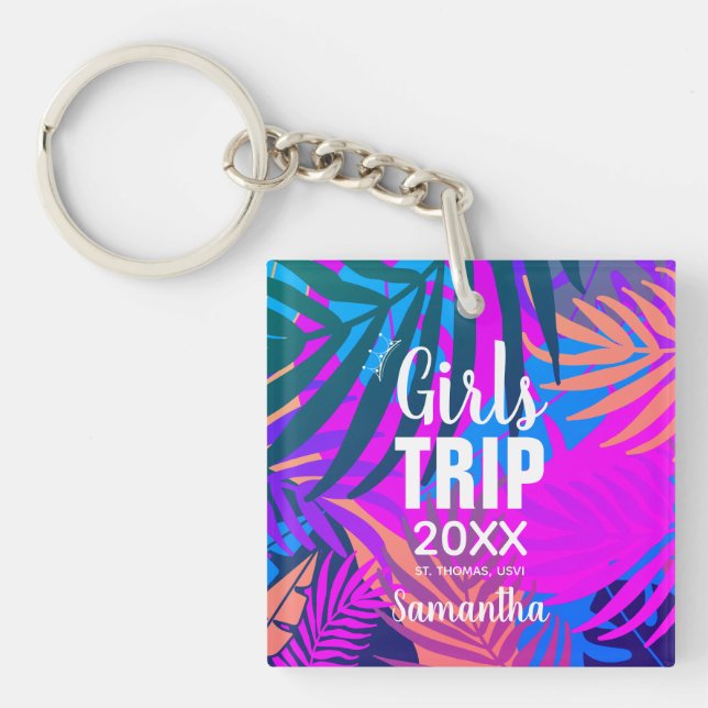 Tropical Girls Trip with Crown, Year, & Name Keychain (Front)
