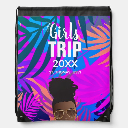 Tropical Girls Trip Year Name Black Woman Drawstring Bag