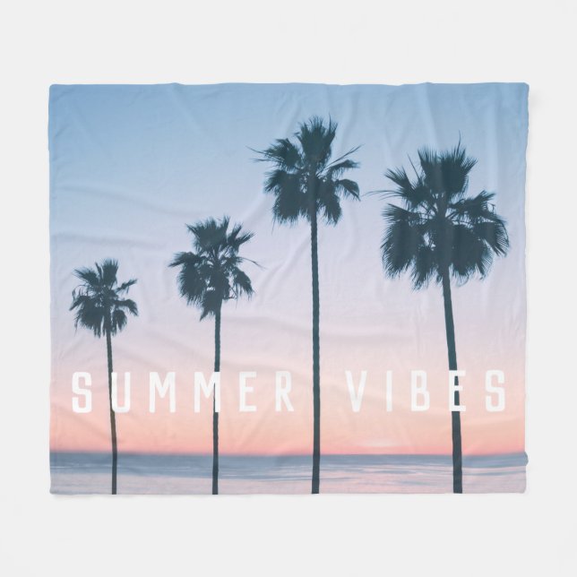 Tropical Girly Pink & Blue Palm Tree Sunset Custom Fleece Blanket (Front (Horizontal))