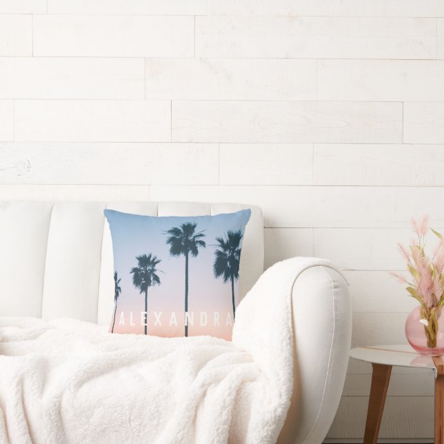 Tropical Girly Pink Blue Palm Tree Sunset Name Throw Pillow (Couch)