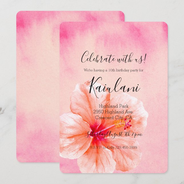 Tropical Girly Pink Peach Hibiscus Flower Invitation (Front/Back)