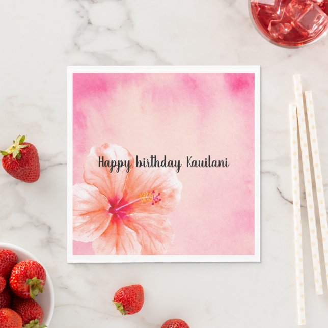 Tropical Girly Pink Peach Hibiscus Flower Napkins (Insitu)
