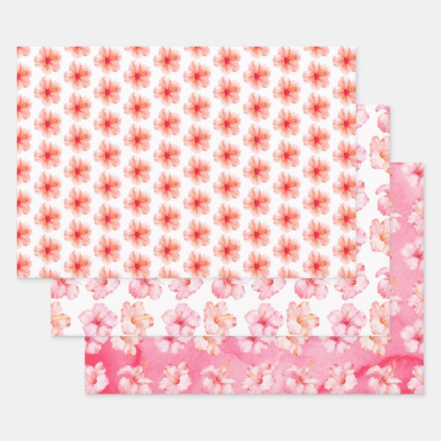 Tropical Girly Pink Peach Hibiscus Flower Wrapping Paper Sheets (Set)