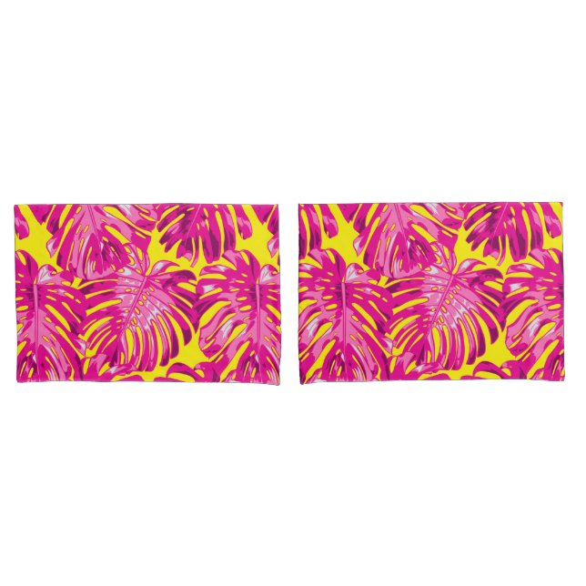 Tropical Girly Pink Yellow Palm Leaves Pillow Case (Front-Set)