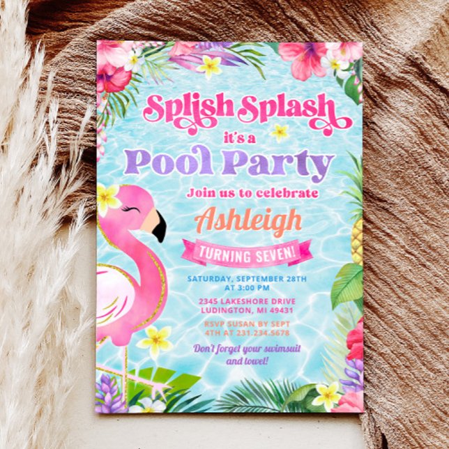 Tropical Girly Pool Party Birthday Invitation (Tropical Girly Pool Party Birthday Invitation)