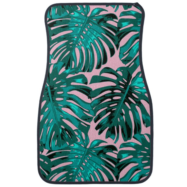 Tropical Girly Turquoise Pink Jungle Leaves Car Floor Mat (Front)