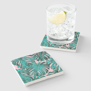 Tropical Girly Turquoise Pink Palm Leaves Stone Coaster