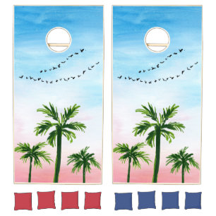 Tropical Girly Watercolor Palm Tree Summer Cornhole Set