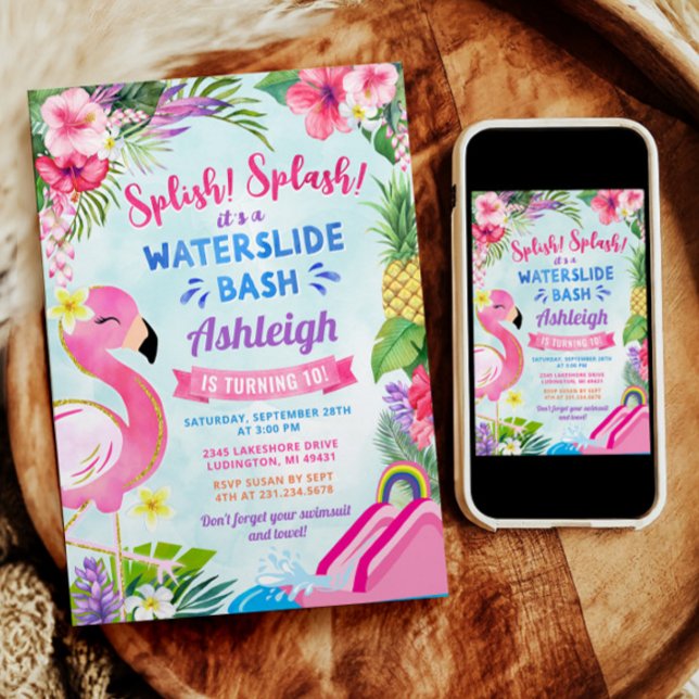 Tropical Girly Waterslide Birthday Invitation (Tropical Girly Waterslide Birthday Invitation with an Adorable Pink Flamingo)