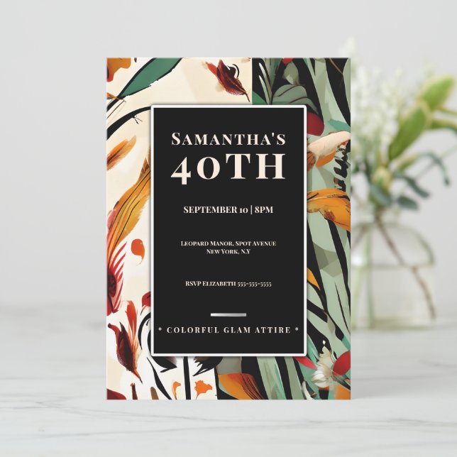 Tropical Glam 40th Birthday Invitation Bold Color (Standing Front)