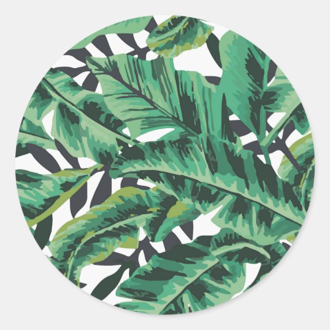 Tropical Glam Banana Leaf Pattern Classic Round Sticker (Front)