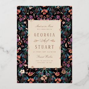 Tropical Glam Dark Turquoise Magenta Black Wedding Foil Invitation