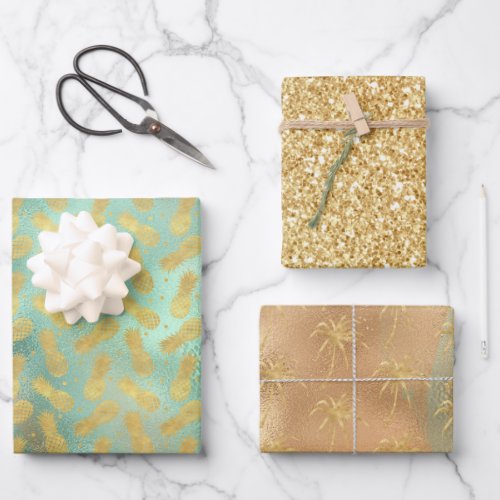 Tropical Glam Gold Aqua Glitz Pineapples  Wrapping Paper Sheets