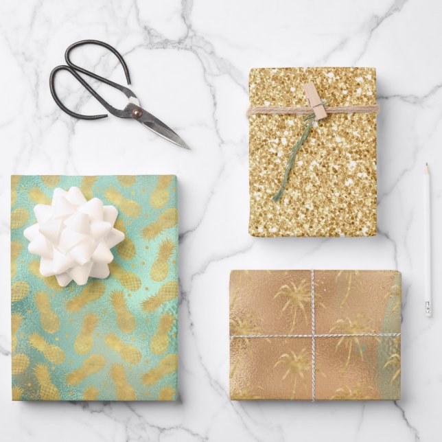 Tropical Glam Gold Aqua Glitz Pineapples  Wrapping Paper Sheets (Front)