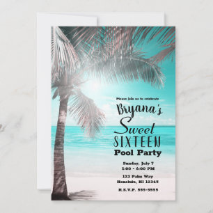 Tropical Glam Pink Aqua Blue Beach Palm Sweet 16 Invitation