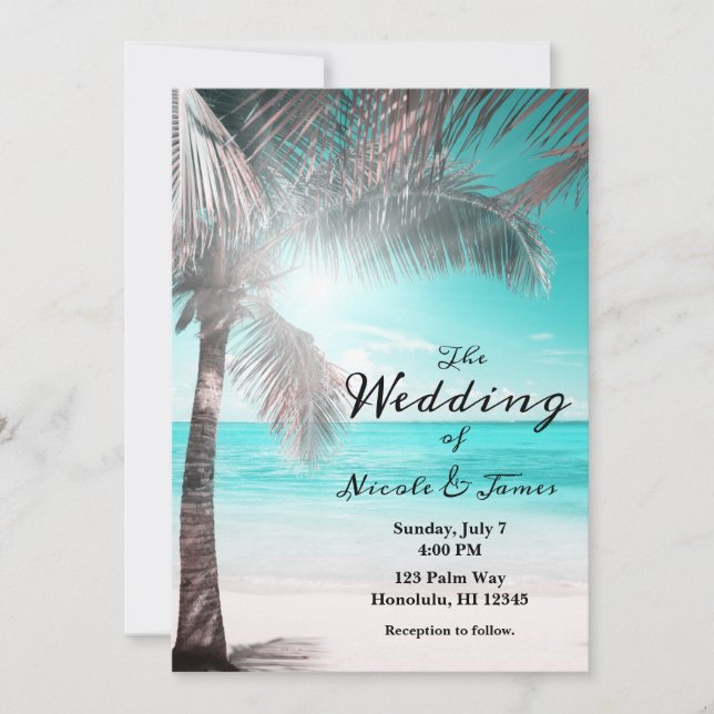 Tropical Glam Pink Aqua Blue Beach Palm Wedding Invitation (Front)