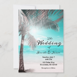 Tropical Glam Pink Aqua Blue Beach Palm Wedding Invitation