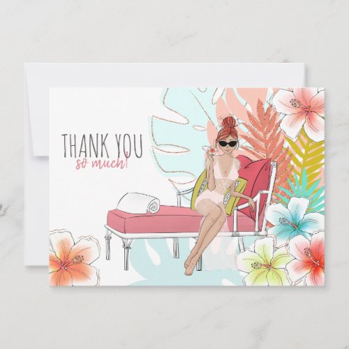 Tropical Glitter Bachelorette Party Redhead Bride Thank You Card