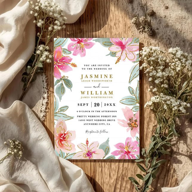 Tropical Glitter Flowers Elegant QR Code Wedding Invitation (Creator Uploaded)