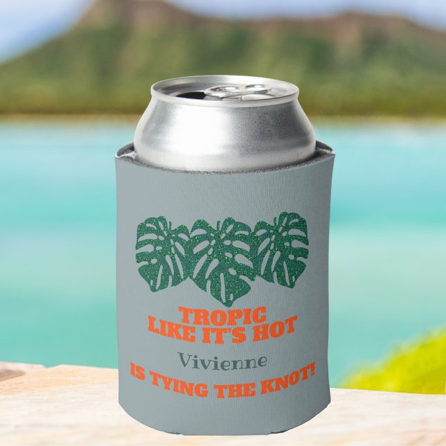 Tropical Glitter Monstera Bachelorette Favor  Can Cooler (Tropical Bachelorette Party favor Tropic Like It's Hot She is tying the knot glitter monstera leaves)