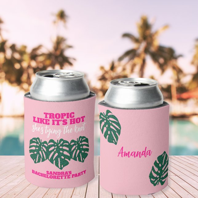 Tropical Glitter Monstera Pink Bachelorette Favor  Can Cooler (Tropical Glitter Monstera Pink Bachelorette Favor Can Cooler)