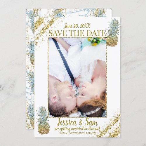 Tropical Glitter Pineapples Save the Date Photo Invitation
