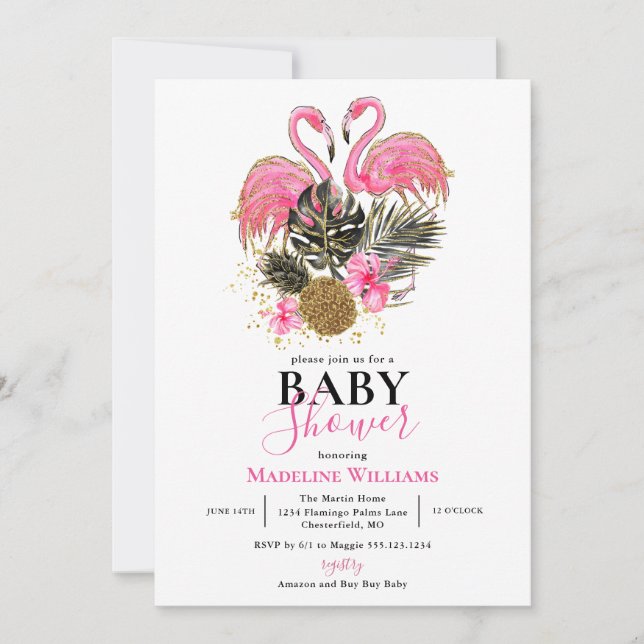 Tropical Glitter Pink Flamingo Baby Shower Invitation (Front)