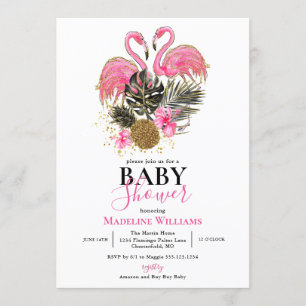 Tropical Glitter Pink Flamingo Baby Shower Invitation