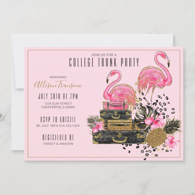 Tropical Glitter Pink Flamingo College Trunk Party Invitation (Front)