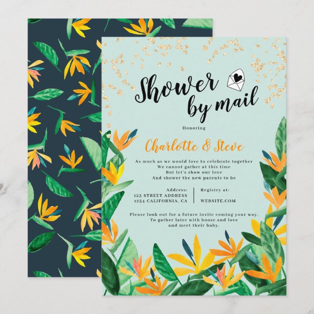 Tropical glitter watercolor baby shower by mail invitation (Front/Back)