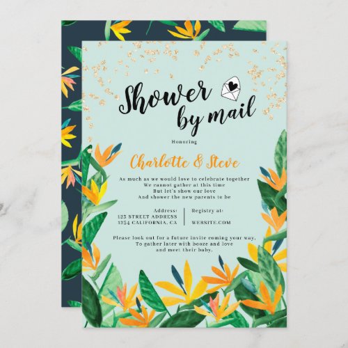Tropical glitter watercolor baby shower by mail invitation
