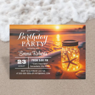 Tropical Glowing Mason Jar Sunset Beach Birthday Invitation