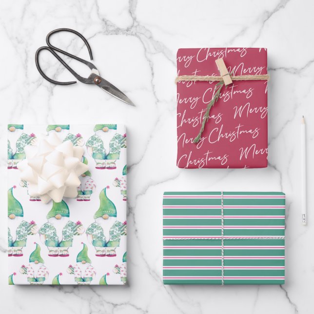Tropical Gnome and Cute Pattern Watercolor Wrapping Paper Sheets (Front)