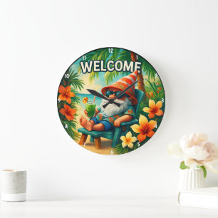 Tropical Gnome-Themed Vibrant Summer Hibiscus Art Large Clock