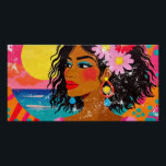 Tropical Goddess - Vibrant Pop Art Poster<br><div class="desc">A stunning pop art retro-inspired portrait featuring a woman with flowing dark hair adorned with tropical flowers. Adds a burst of color and positive energy. A scuffed paper effect completes the retro look.</div>